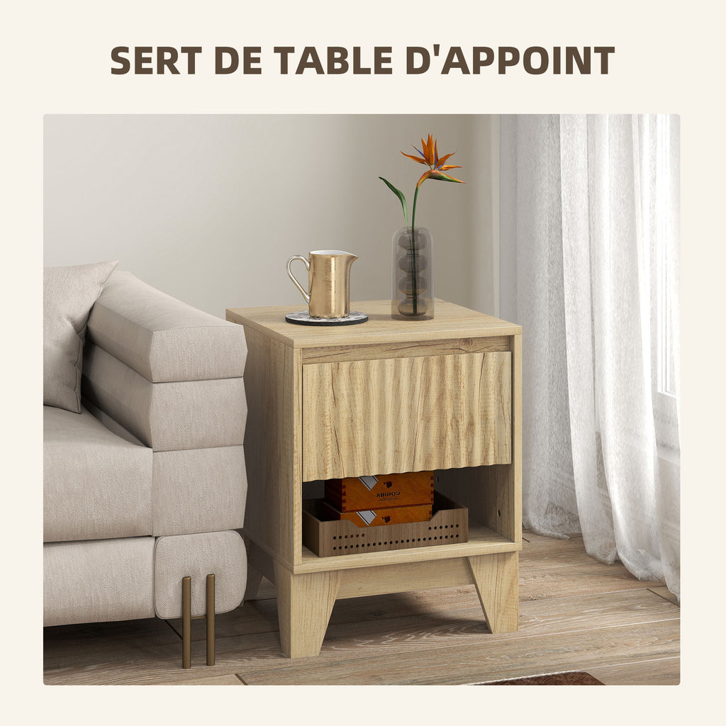 Lot de 2 tables de chevet étroite, table d'appoint compartiment ouvert 1 tiroir, panneaux cannelés 43x40x55cm naturel-5