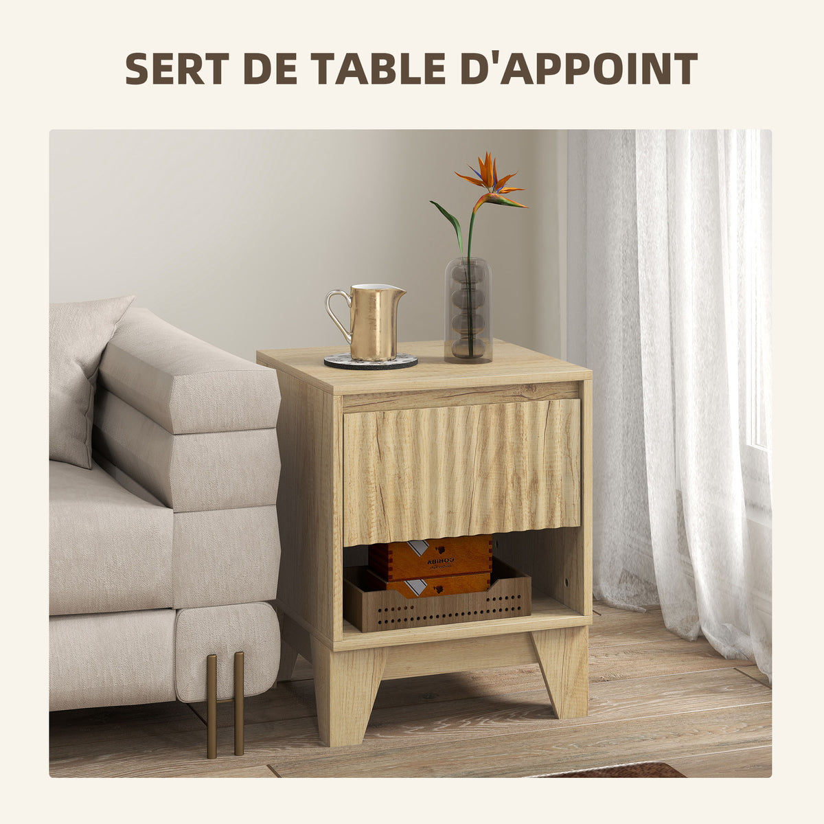 Lot de 2 tables de chevet étroite, table d'appoint compartiment ouvert 1 tiroir, panneaux cannelés 43x40x55cm naturel-5