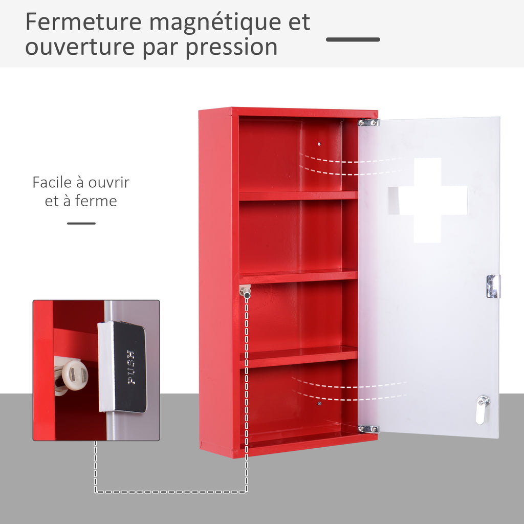 Armoire à Pharmacie 3 étagères 4 Niveaux verrouillable Porte Verre trempé dépoli Logo Croix 30L x 12l x 60H cm Acier Rouge-3