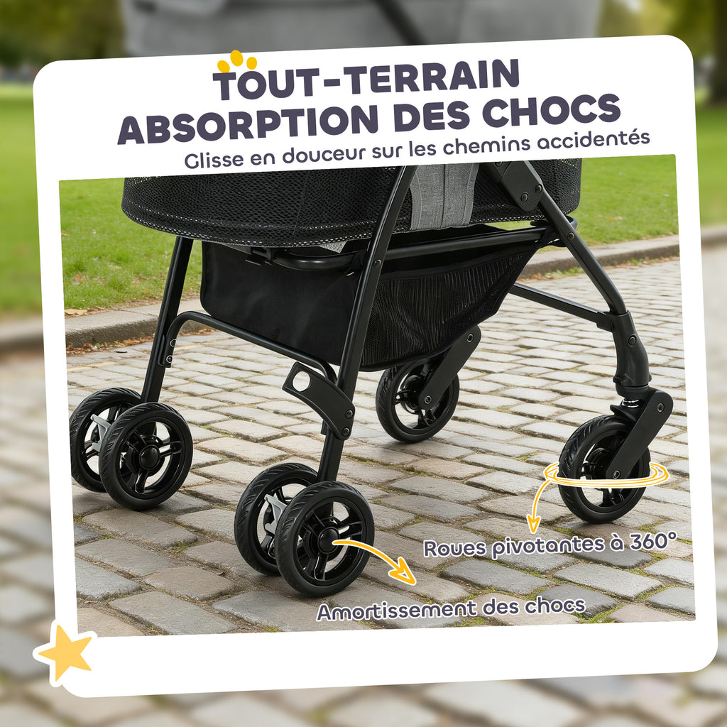 Poussette pour Chien Pousse-Chien 3 en 1 Détachable Pliable Nacelle Amovible et Sans Fermeture Éclair Suspension Gris-4