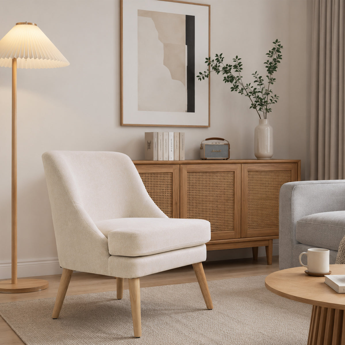 Fauteuil Scandinave Confortable pour Salon et Chambre, Pieds en Bois Massif, Revêtement en Tissu Lin, Beige-6