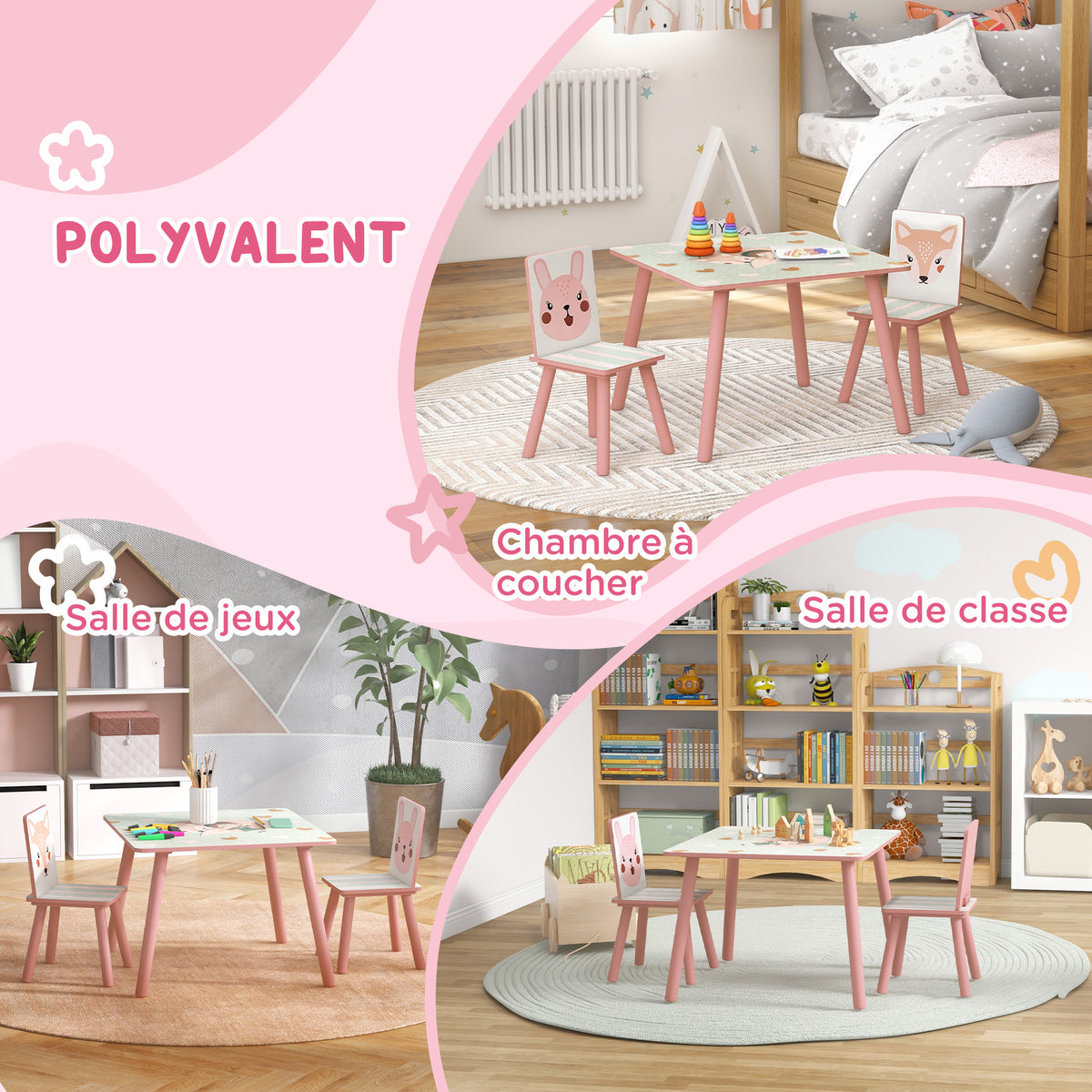 Ensemble table et chaises pour enfants, table pour enfant avec 2 chaises, motif animaux pour chambre à coucher rose-5