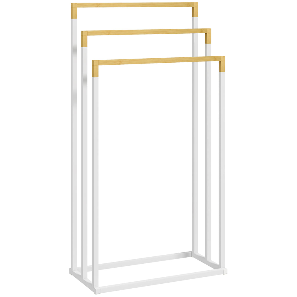 Porte-serviettes en bambou et acier sur pieds avec 3 barres support pour serviette 45 x 22,5 x 86 cm blanc et naturel-0