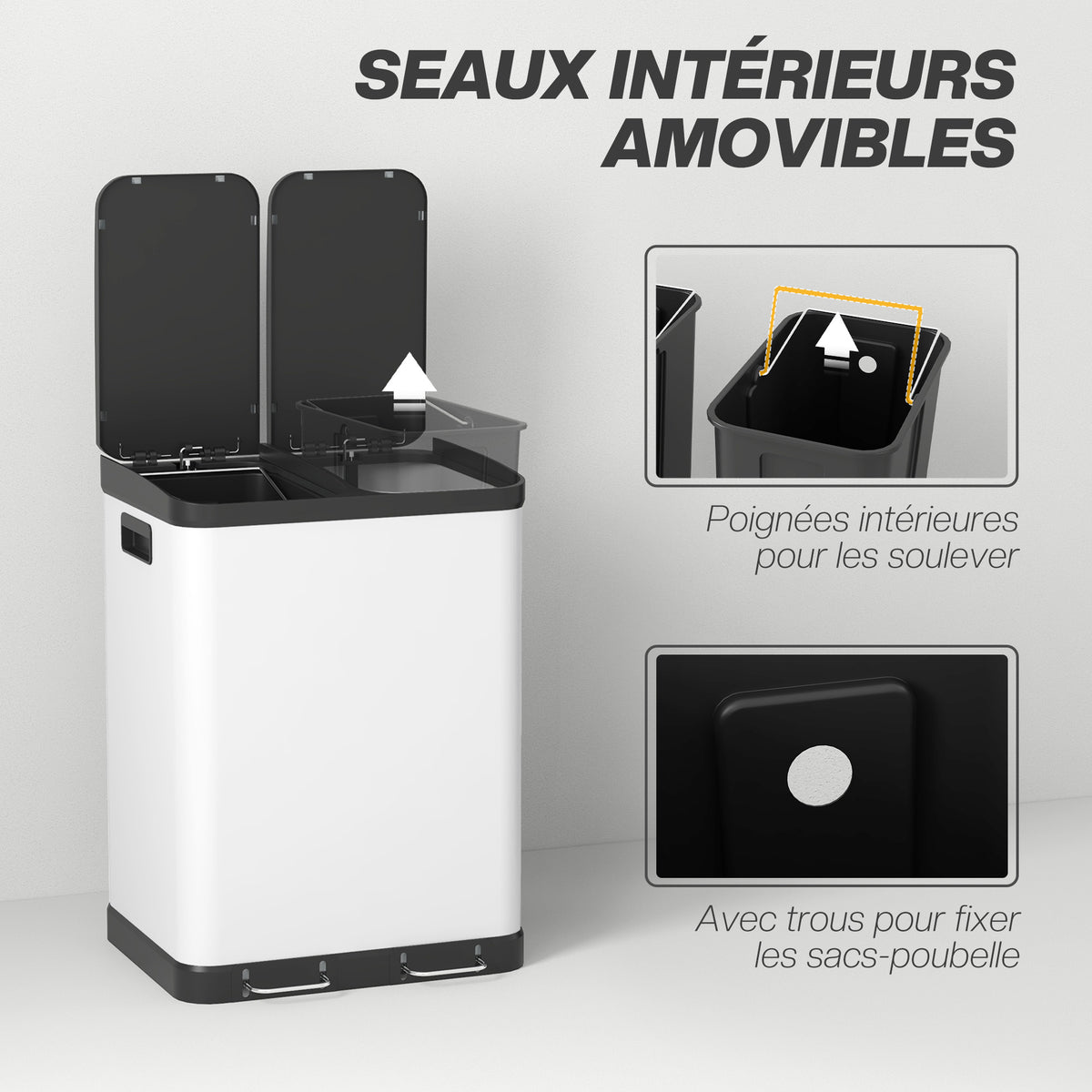 Poubelle de cuisine 2 x 30L avec pédale en métal, 2 compartiments, couvercle à fermeture douce, 60L, blanc-4