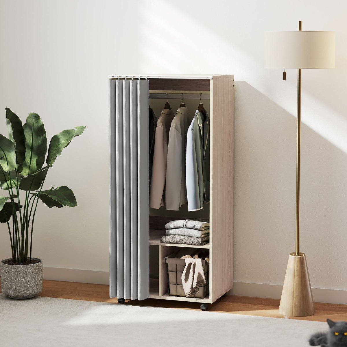 Armoire penderie armoire de rangement mobile avec rideau, tringle de suspension, 60 x 40 x 128 cm, effet bois naturel-9