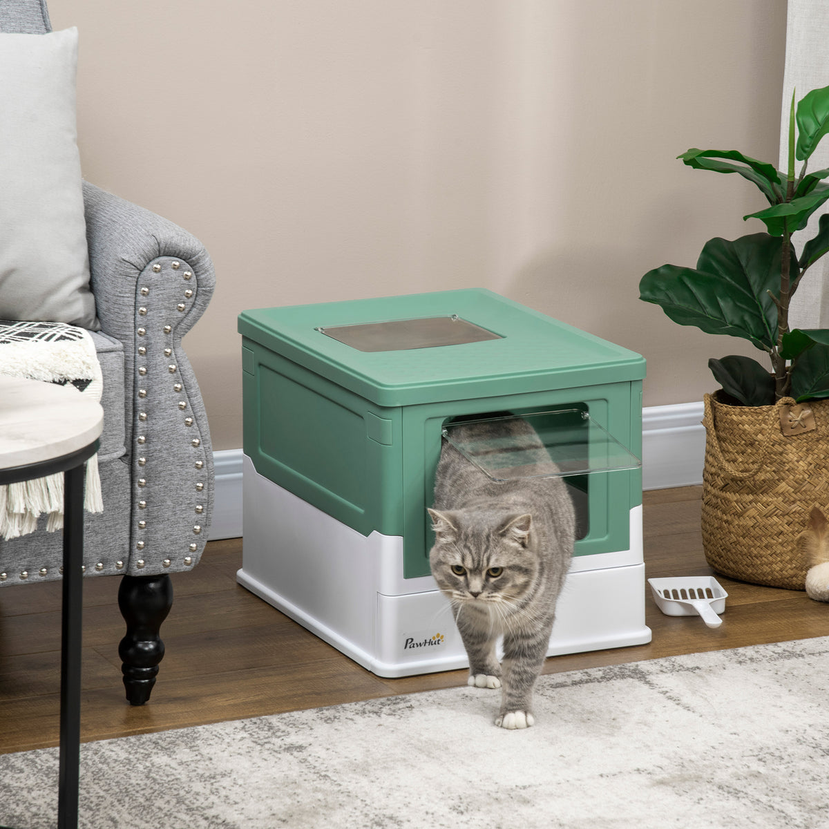 Maison de toilette pour chat pliable double porte battante et supérieure pelle fourni 47,5 x 35,5 x 36,7 cm vert-1