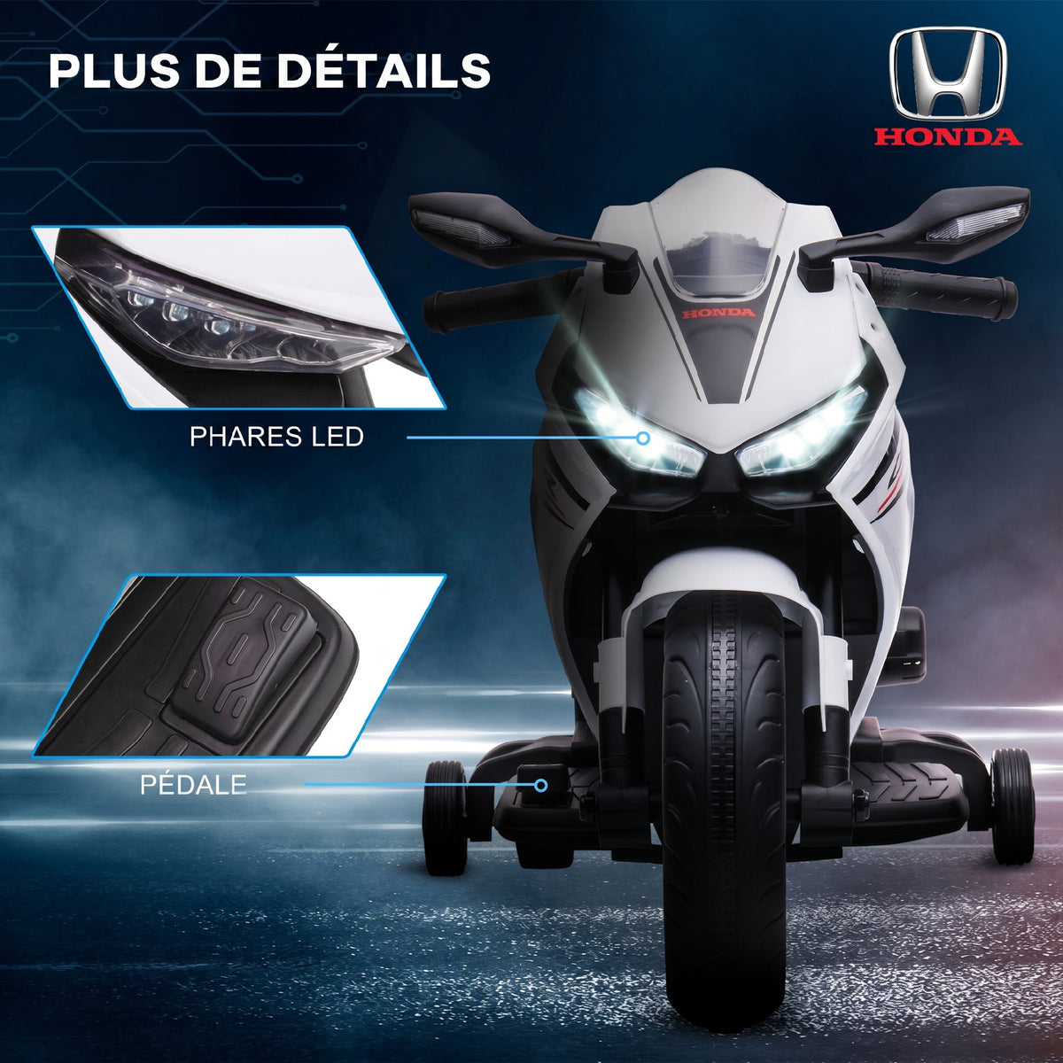Moto Électrique Enfants sous Licence HONDA 6 V, 3 Km/h, Musique & Lumière, 2 Roues d'Entraînement, Blanc-6