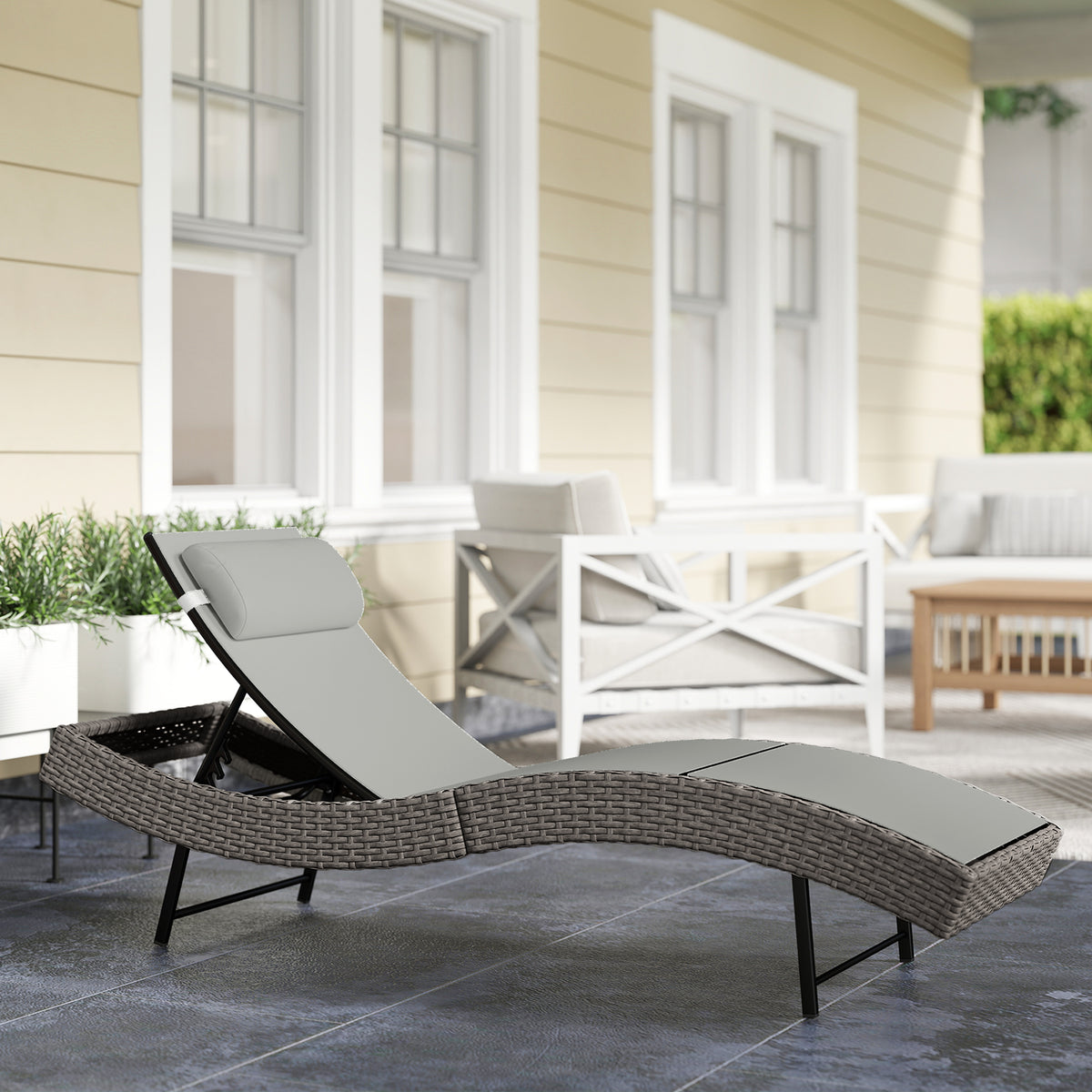 Chaise longue en résine tressé, bain de soleil avec dossier réglable 5 positions et appui-tête, 198 x 61 x 44 cm, gris-1