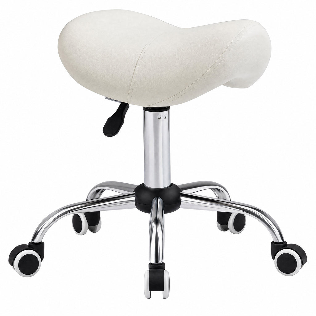 Tabouret à roulettes, tabouret de massage avec hauteur réglable 49-61 cm et selle ergonomique, chaise de travail à roulettes pivotant 360°, pour salon de massage tatouage clinique spa, blanc-0