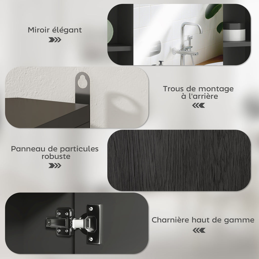 Meuble salle de bain avec miroir, placard à portes et 6 compartiments ouverts, 60 x 14,5 x 49,4 cm, noir-4