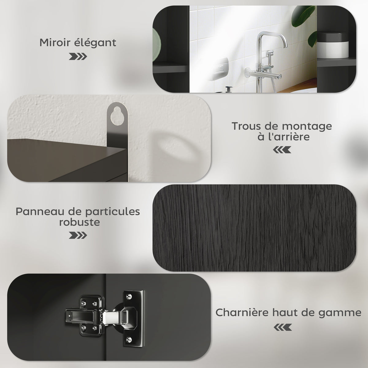 Meuble salle de bain avec miroir, placard à portes et 6 compartiments ouverts, 60 x 14,5 x 49,4 cm, noir-4