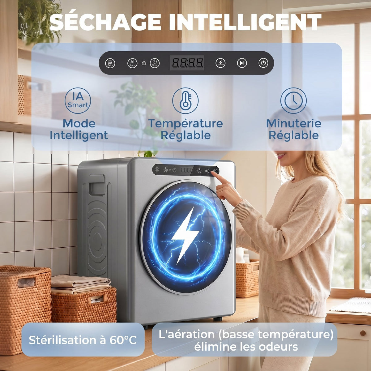 Sèche linge à évacuation, sèche-linge électrique 1000 W 3 Kg, 6 modes de séchage, minuterie, acier inoxydable, argent-3