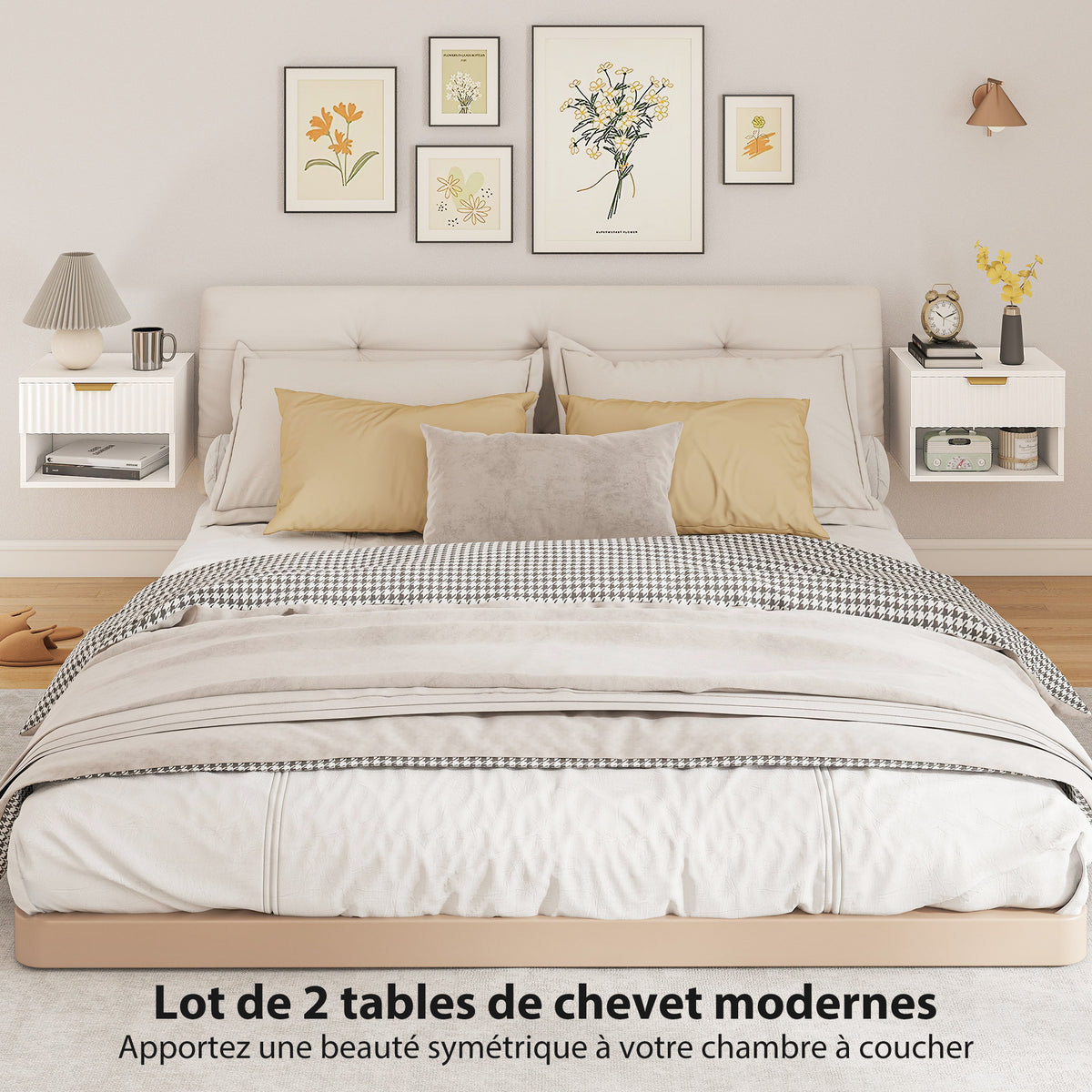 Lot de 2 tables de chevet suspendues, tables de nuit murales avec tiroir et niche, moderne, 40x34x29cm, blanc-3