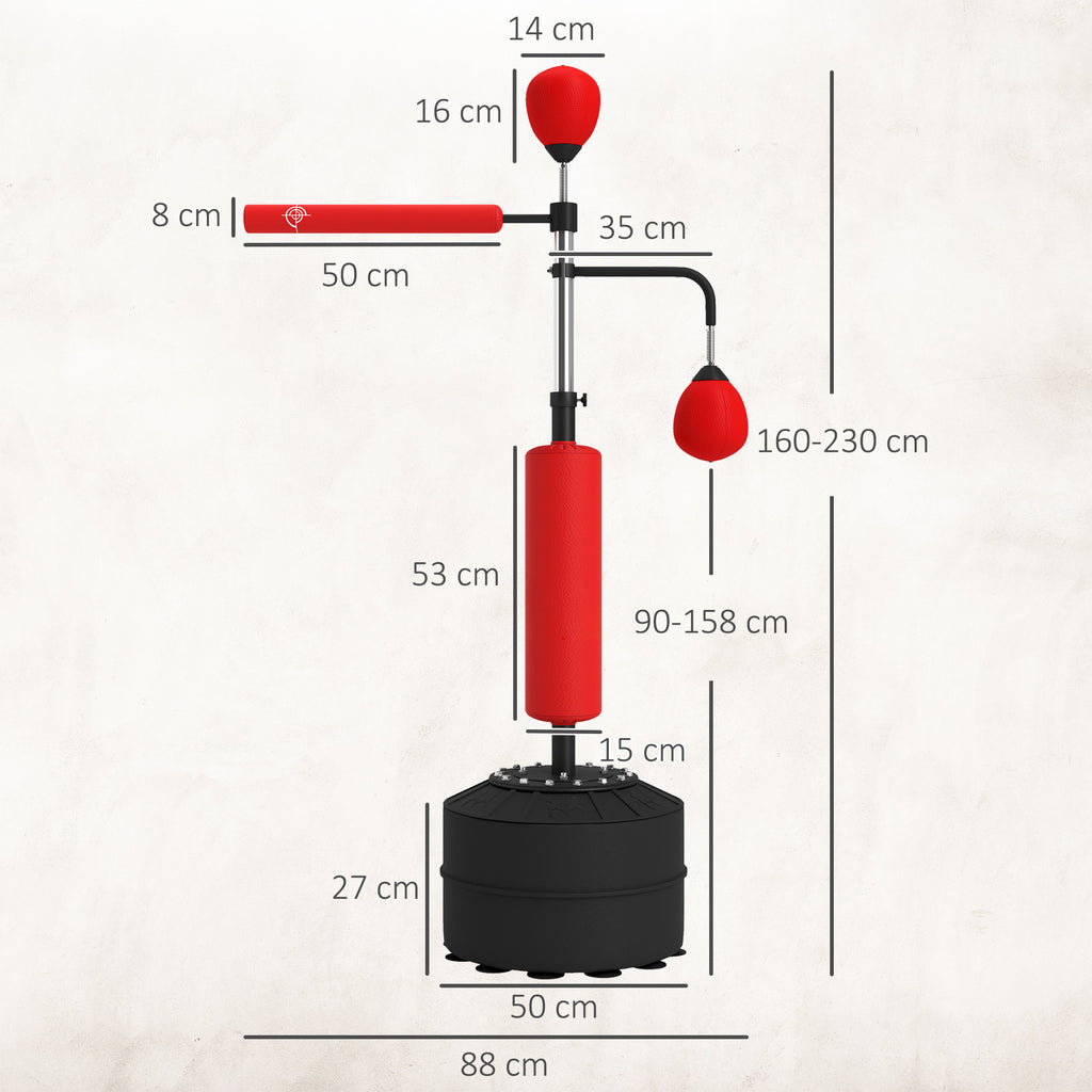 Sac de frappe sur pied 4 en 1 punching ball autonome balles de vitesse barre rotative gants 88 x 50 x 160-230 cm rouge-2