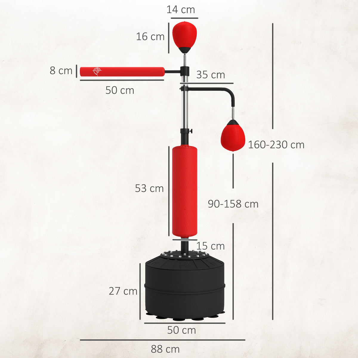 Sac de frappe sur pied 4 en 1 punching ball autonome balles de vitesse barre rotative gants 88 x 50 x 160-230 cm rouge-2