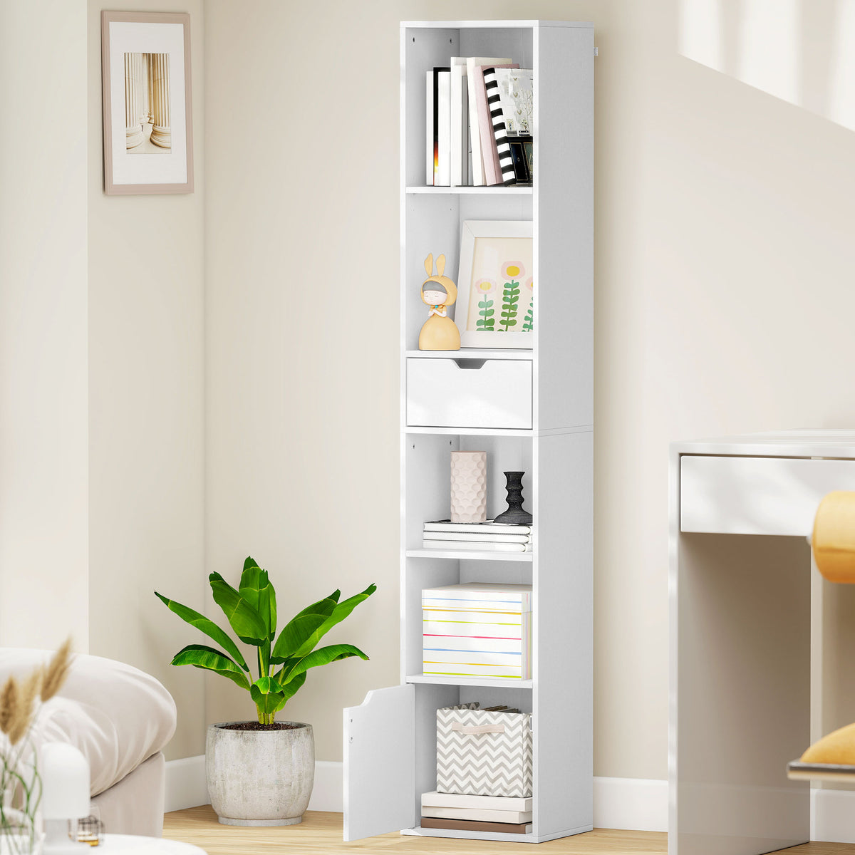Bibliothèque, étagère à livres, meuble de rangement avec tiroir placard compartiments ouvertes, 30 x 24 x 158 cm, blanc-8