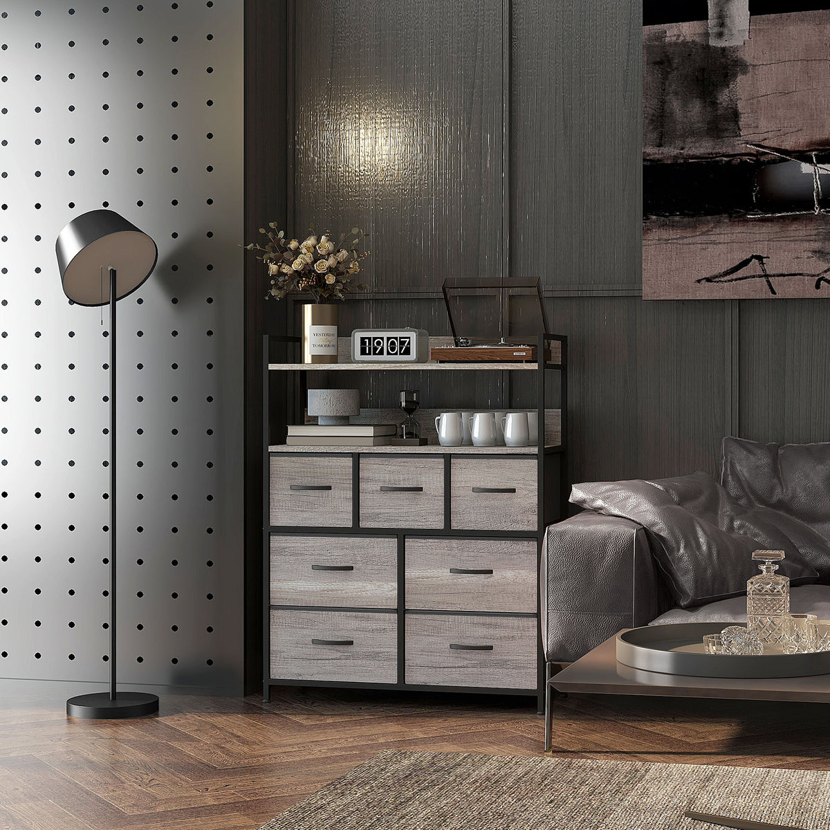 Meuble de rangement commode 7 tiroirs en tissu pliables et amovibles étagères ouvertes, gris-8