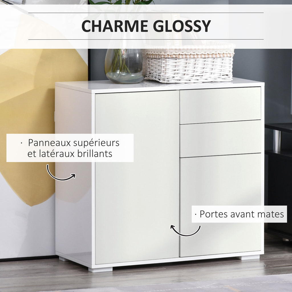 Meuble rangement buffet commode armoire 2 tiroirs 2 placards portes, étagères chambre, 79x36x74cm blanc-4