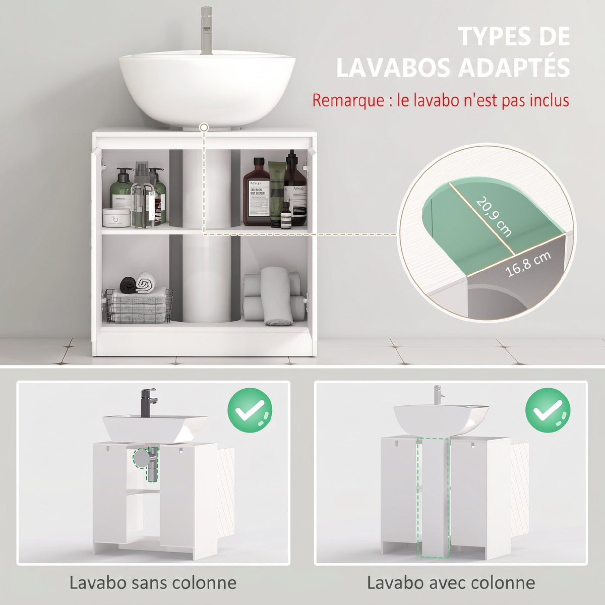 Meuble salle de bain sous Lavabo - meuble sous-vasque - placard 2 portes avec étagère blanc-3