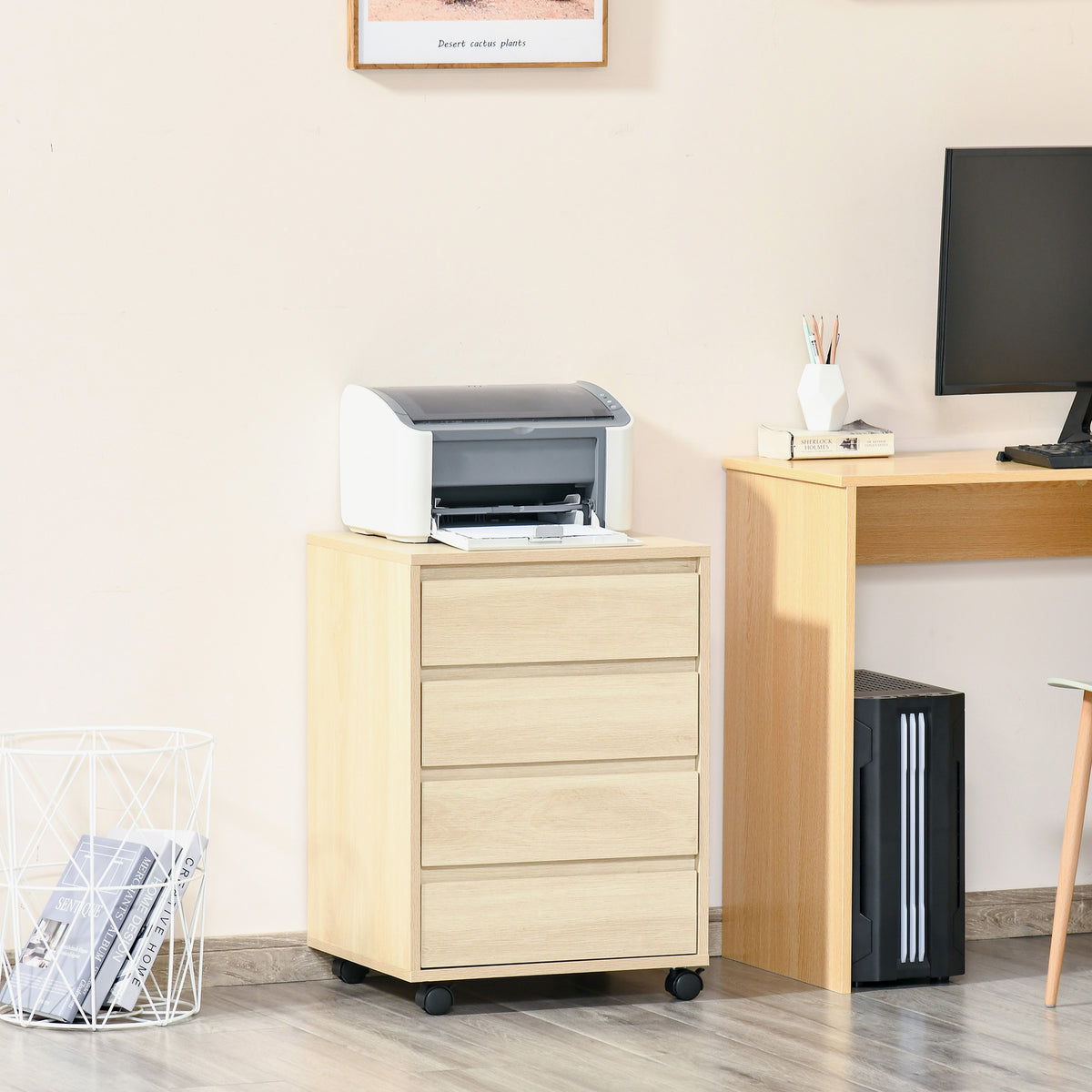 Caisson de Bureau, Rangement Bureau sur Roulettes, 4 Tiroirs Coulissants en Bois, Naturel-1