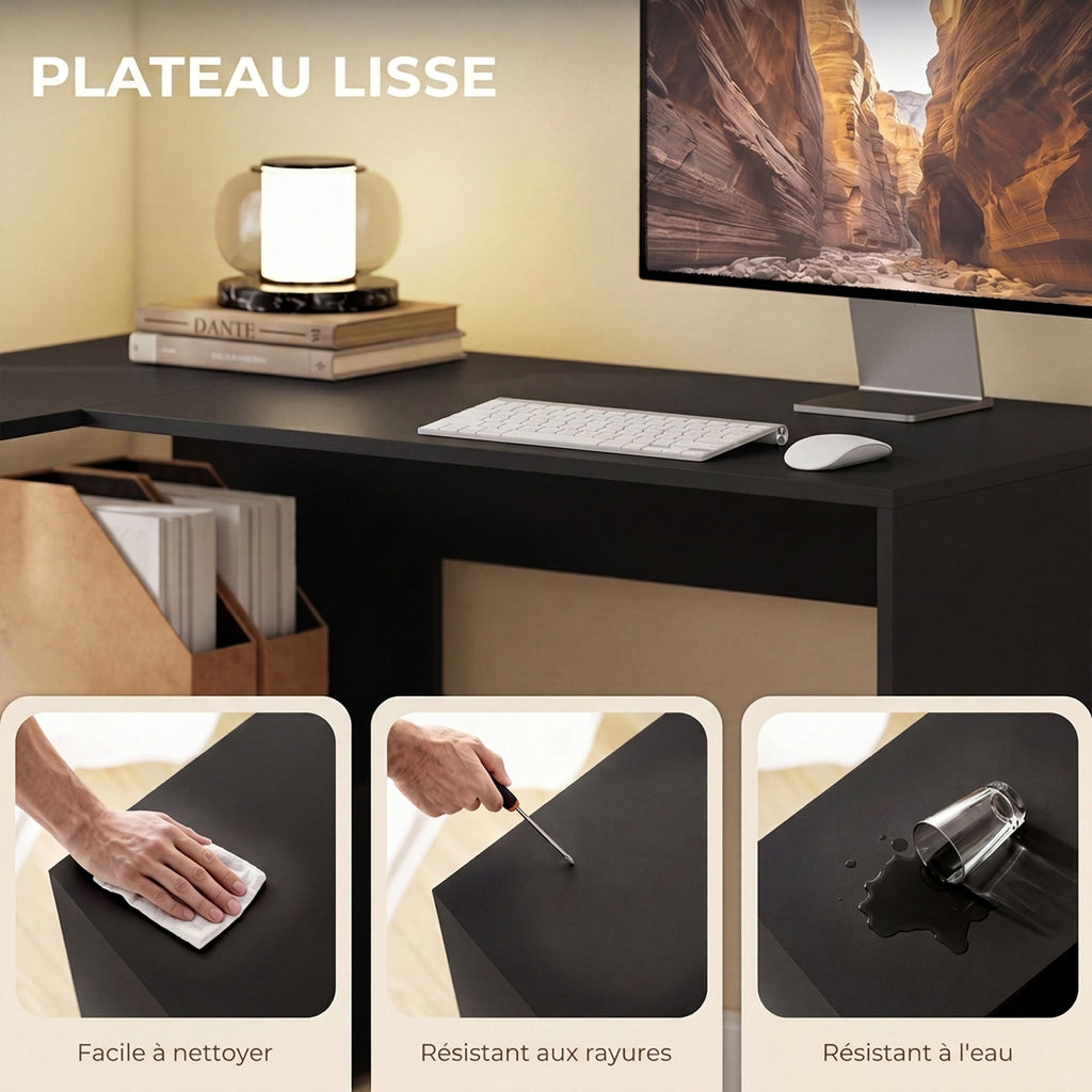 Bureau d'angle, bureau d'ordinateur avec tiroir en tissu et compartiments ouverts, 110 x 100 x 75 cm, noir-5