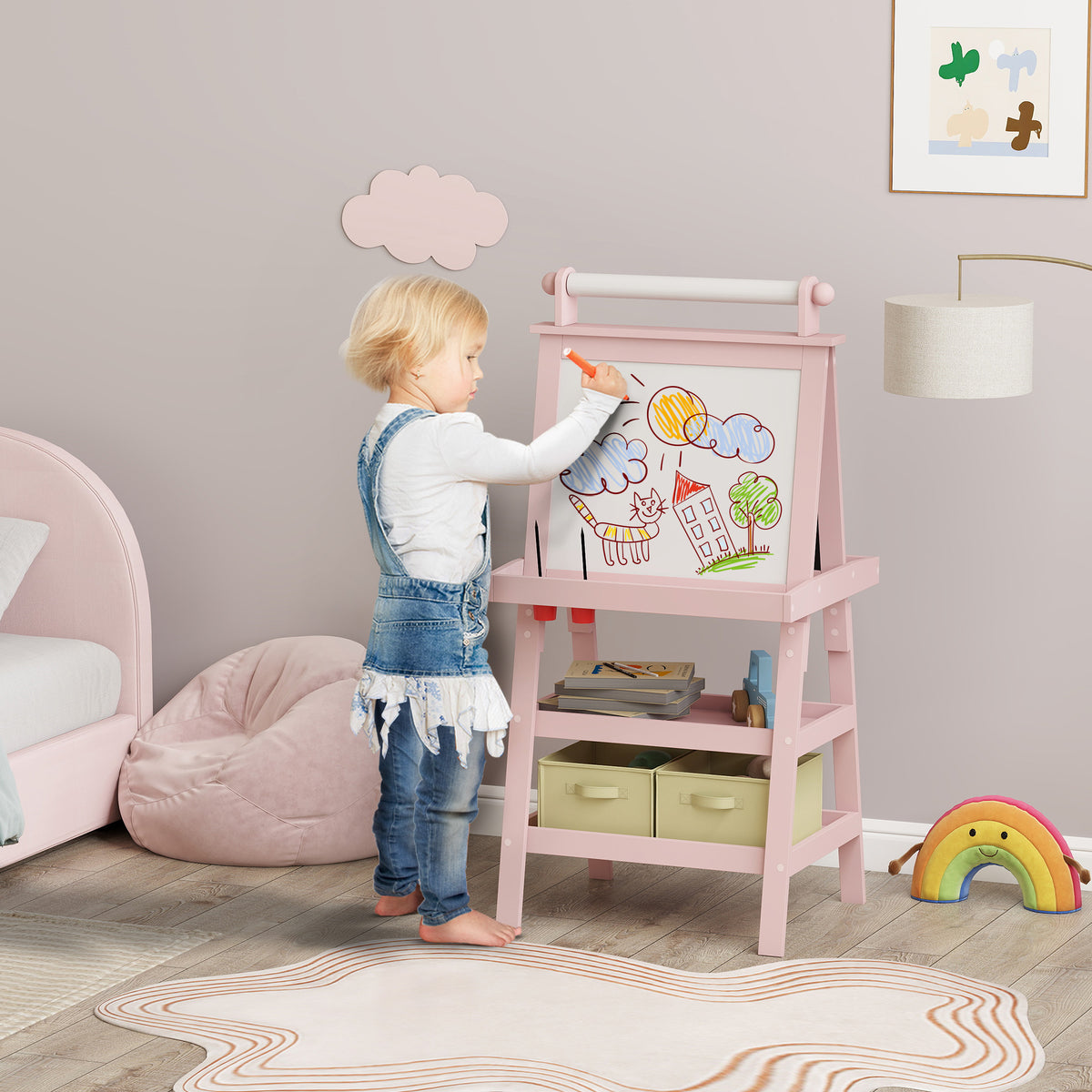 Tableau chevalet enfant 3 en 1 avec tableau blanc magnétique, tableau à craie, rouleau papier, 2 paniers, 3-6 ans, rose-1