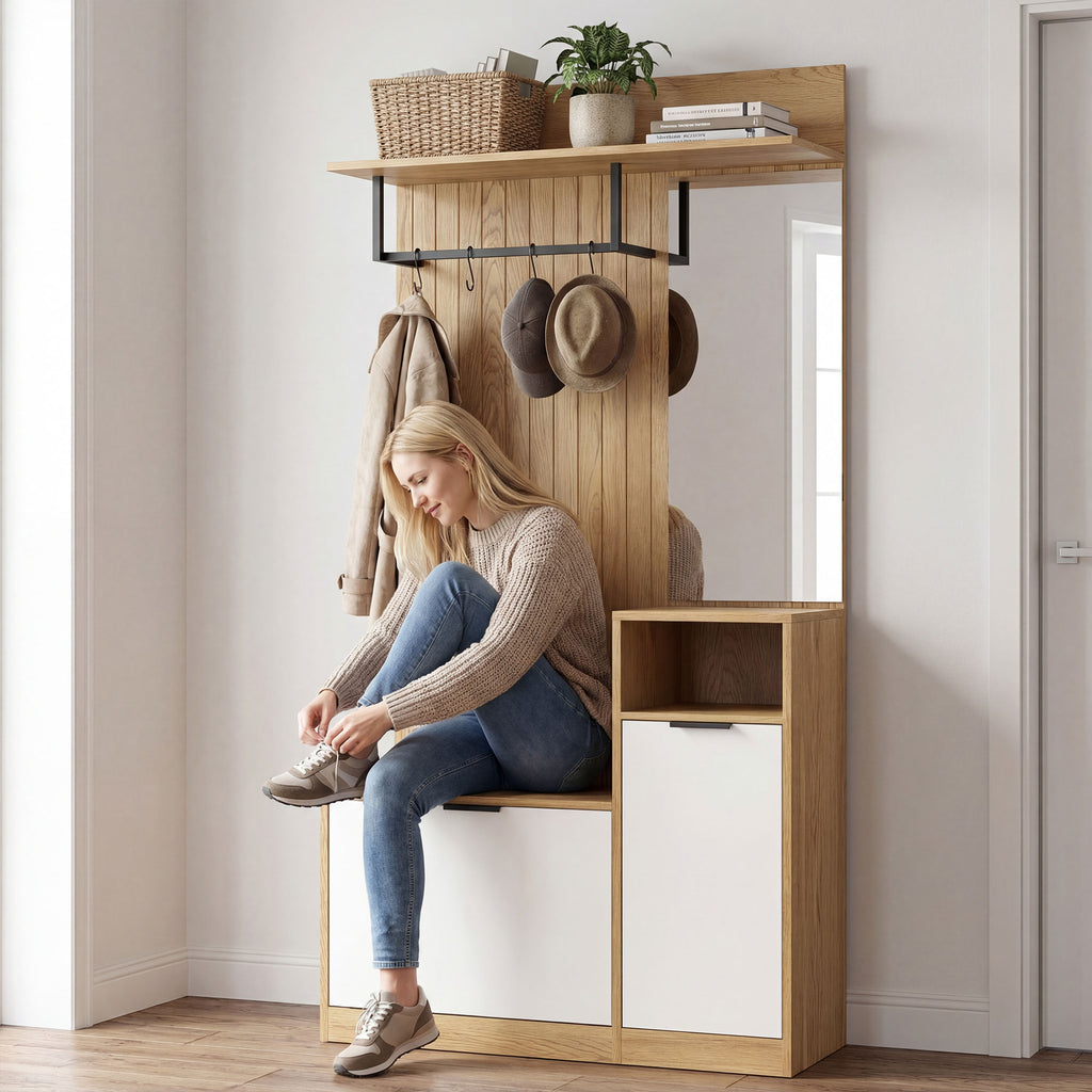 Meuble d'entrée 6 en 1, vestiaire d'entrée avec banc à chaussures rabattable, miroir, 80x36x168cm, chêne-6
