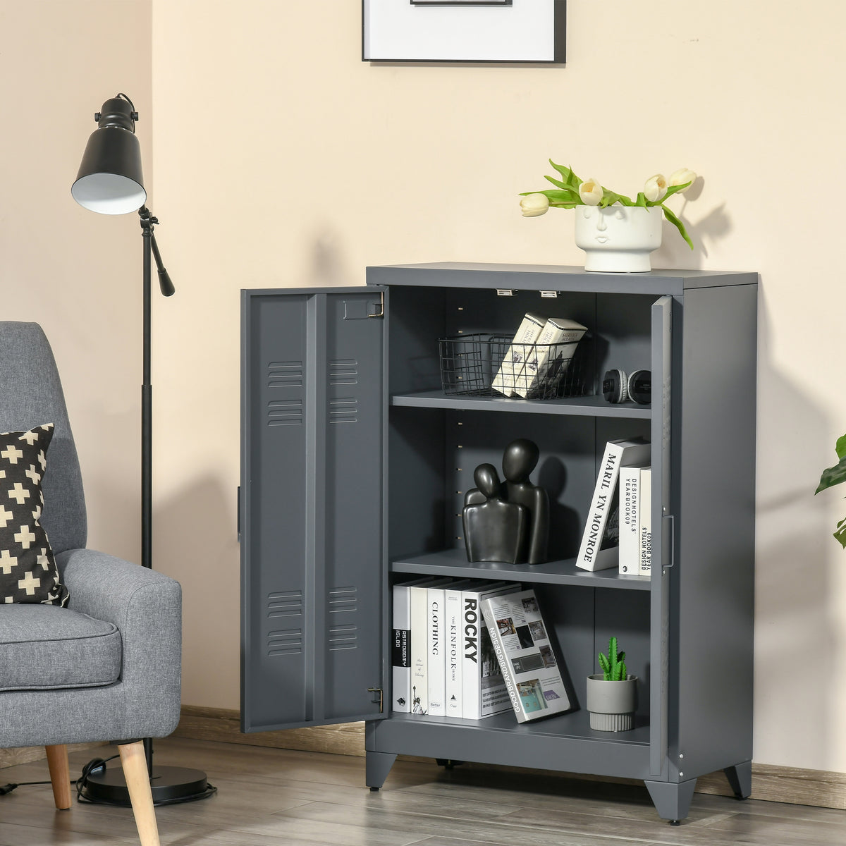 Armoire de bureau à 3 niveaux, meuble de rangement bureau métallique avec 2 portes et étagères réglables-6