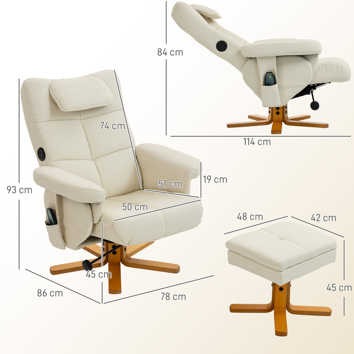 Fauteuil massant avec repose-pied, dossier inclinable jusqu'à 135°, coffre de rangement, télécommande-2