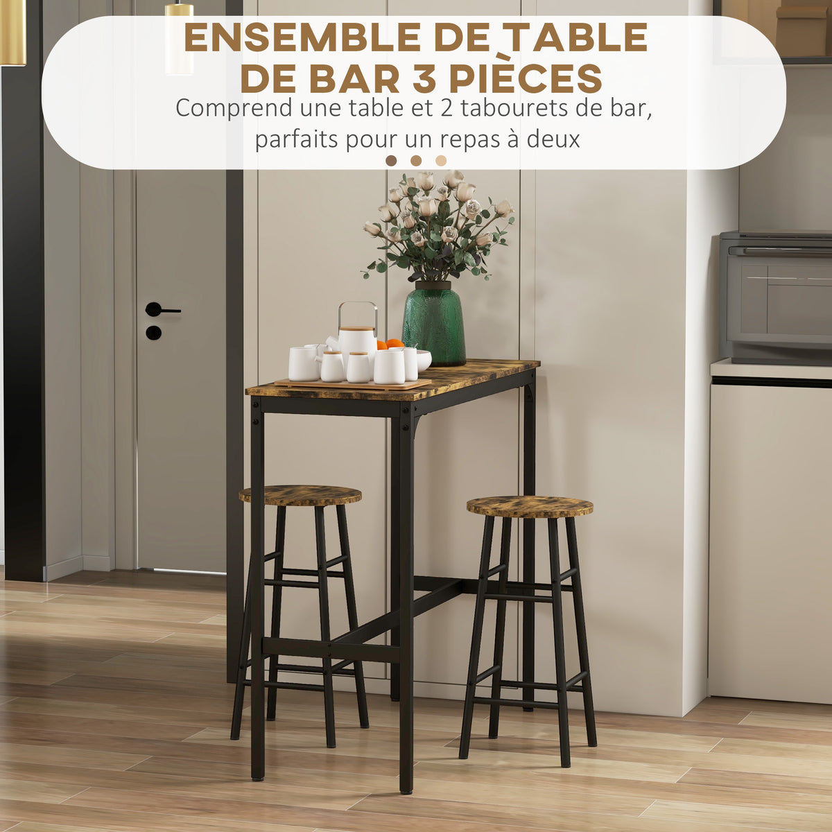 Ensemble table haute de bar + 2 tabourets structure en acier plateau aspect effet bois d'acajou 2 personnes noir-3