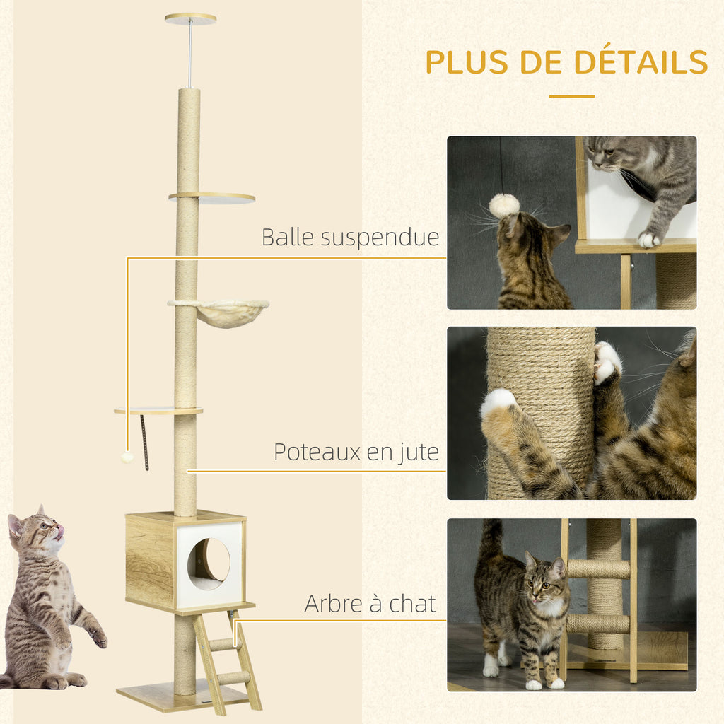 Arbre à chat sol au plafond hauteur réglable 225-285 cm avec poteau à gratter 4 niveaux niche hamac échelle jeux beige-6