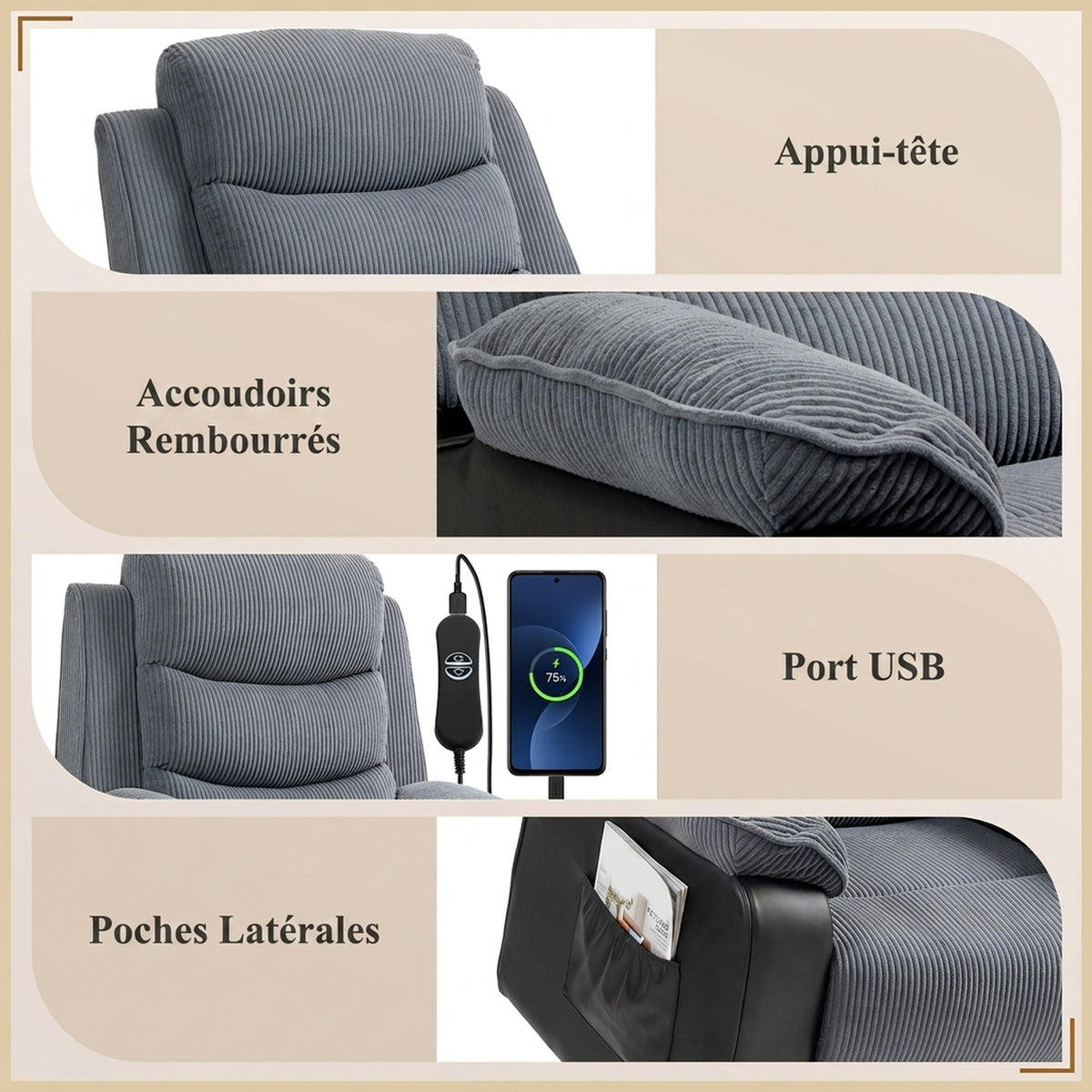 Fauteuil releveur électrique, fauteuil relax électrique velours côtelé, dossier inclinable, ports USB, 96x96x108cm, gris-6