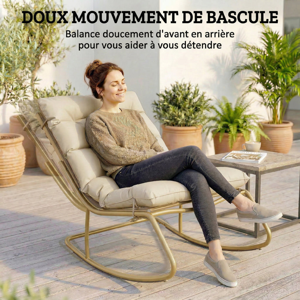 Fauteuil à Bascule Extérieur Coussin Moelleux 125cm Large 64cm en Acier et Textilène Beige et Doré-3