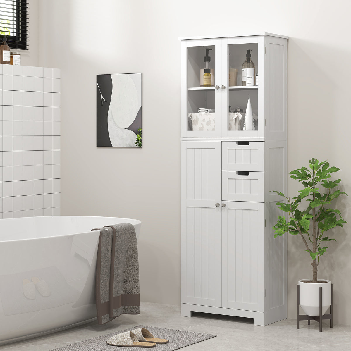 Meuble haut de rangement, armoire avec portes vitrées et étagères réglables pour salle de bain, cuisine, salon, blanc-1