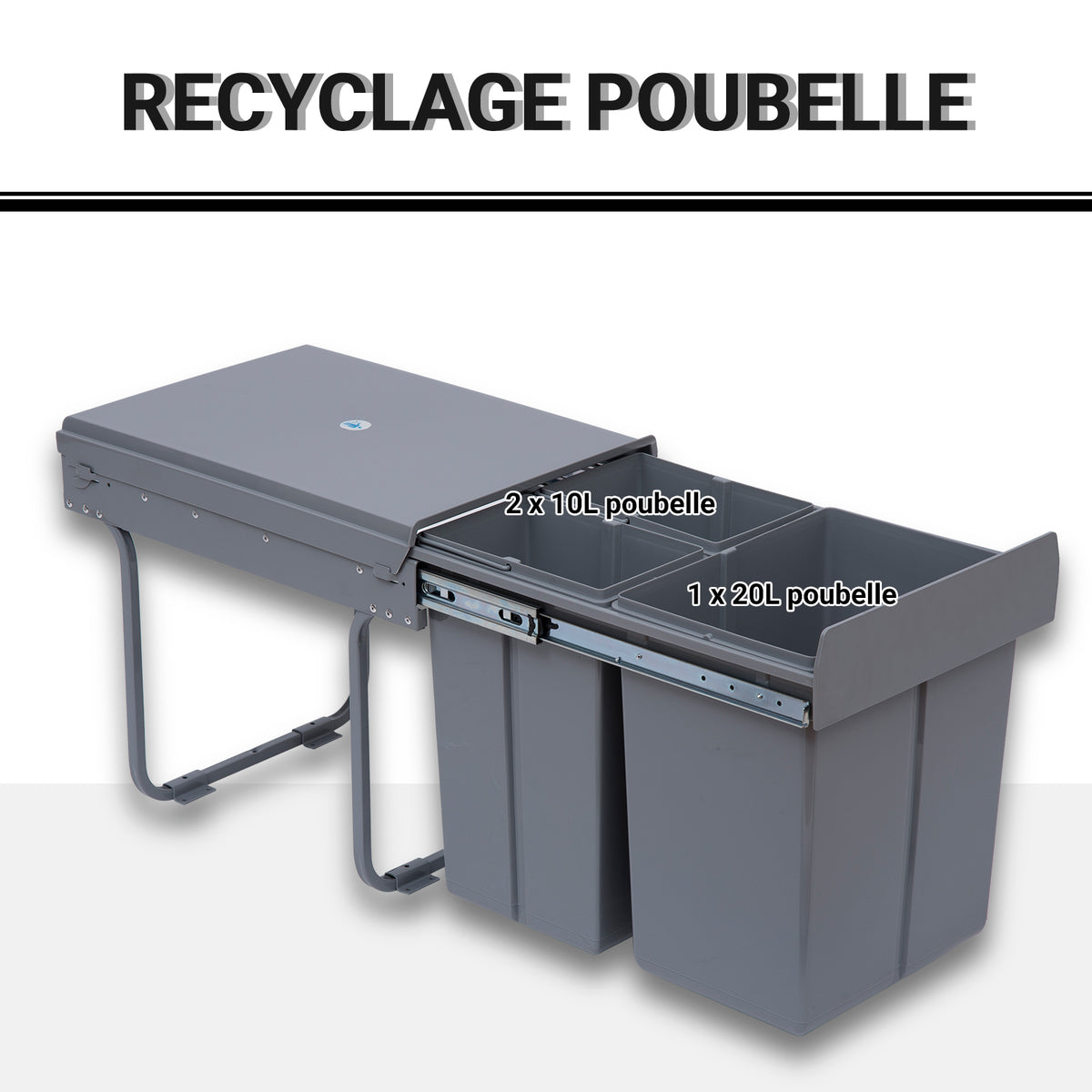 Poubelle coulissante 40L avec 3 bacs amovibles pour tri sélectif 2 x 10L et 1 x 20L - gris-3