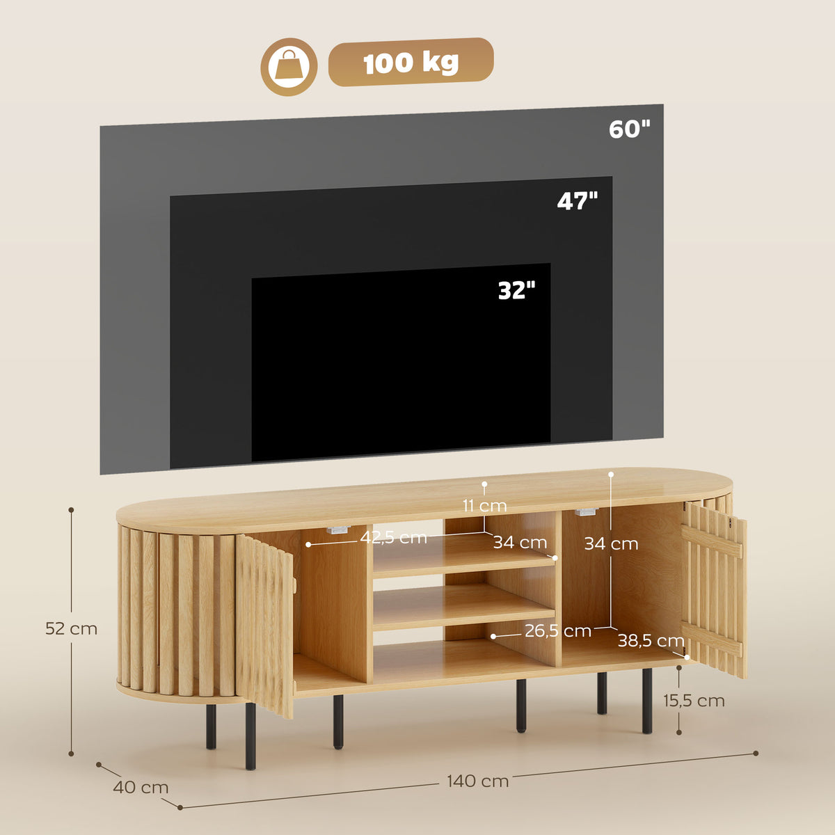 Meuble TV, meuble télé pour téléviseur 60 pouces, 2 portes à lattes, 140x40x52cm, bois naturel-2