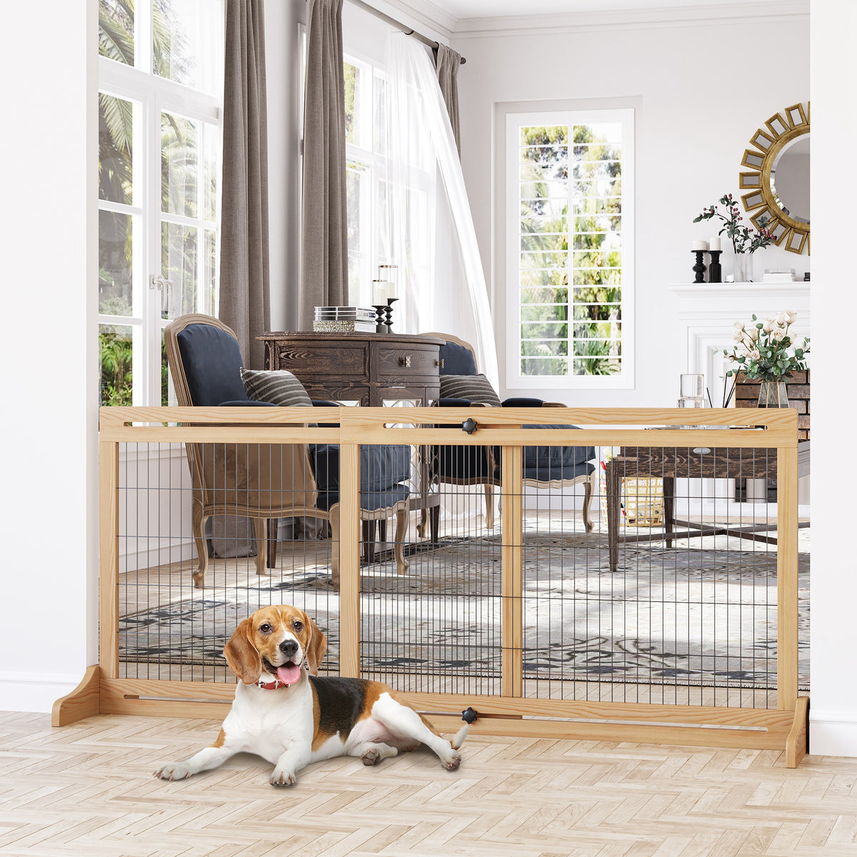 Barrière de sécurité pour chien extensible longueur réglable 104-180 x 36 x 69 cm pin bois naturel-1