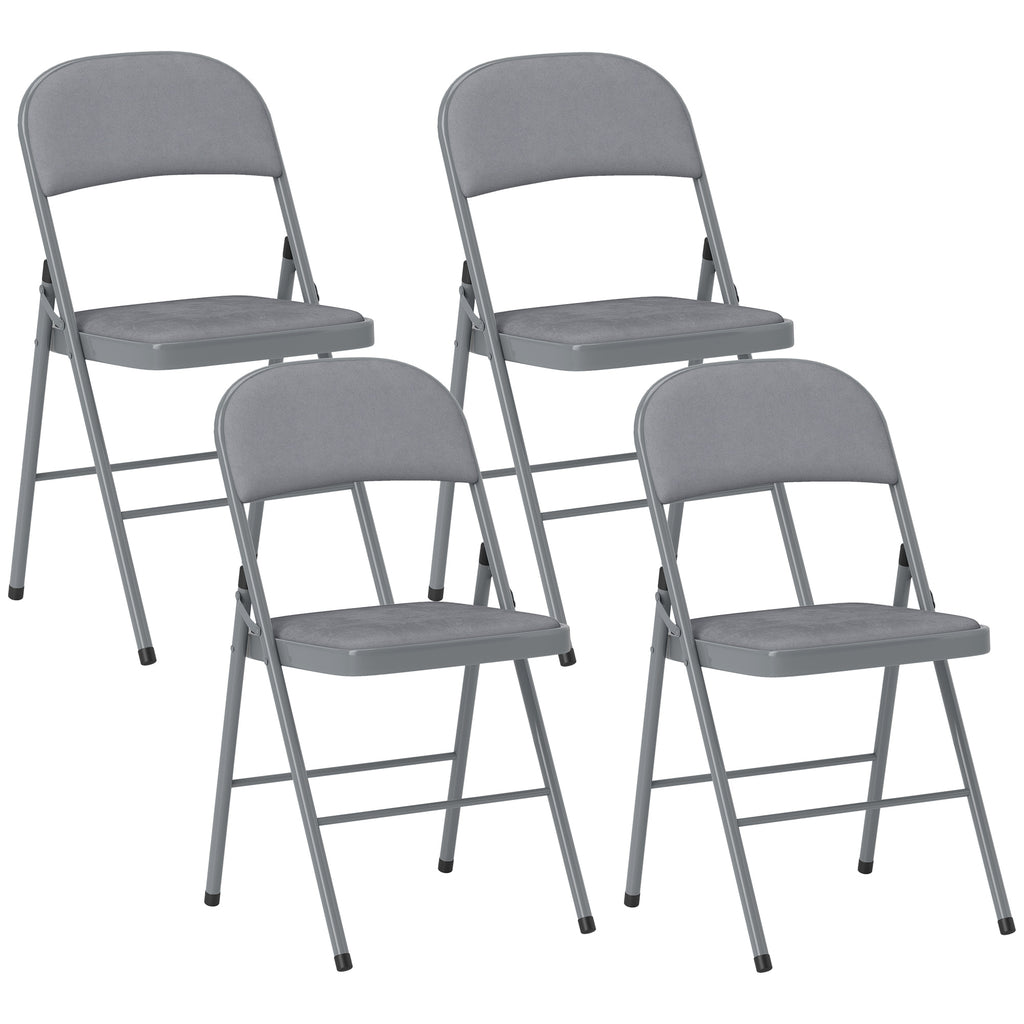 Lot de 4 chaises pliantes et portables intérieur avec assises et dossiers rembourrés en velours, cadre en acier, gris clair-0