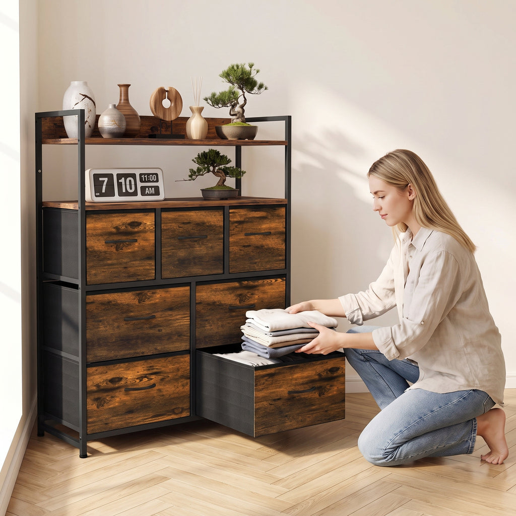 Meuble de rangement commode 7 tiroirs en tissu pliables et amovibles étagères ouvertes, brun rustique-7