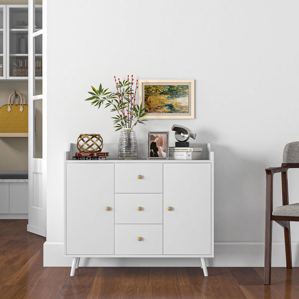 Buffet, meuble de rangement avec 2 portes, 3 tiroirs et pieds en bois massif, style moderne, 90 x 32 x 80 cm, blanc-6