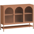 Buffet salon, meuble de rangement avec 3 portes vitrées cintrées et étagère ouverte, 140 x 40 x 105 cm, rouille-0