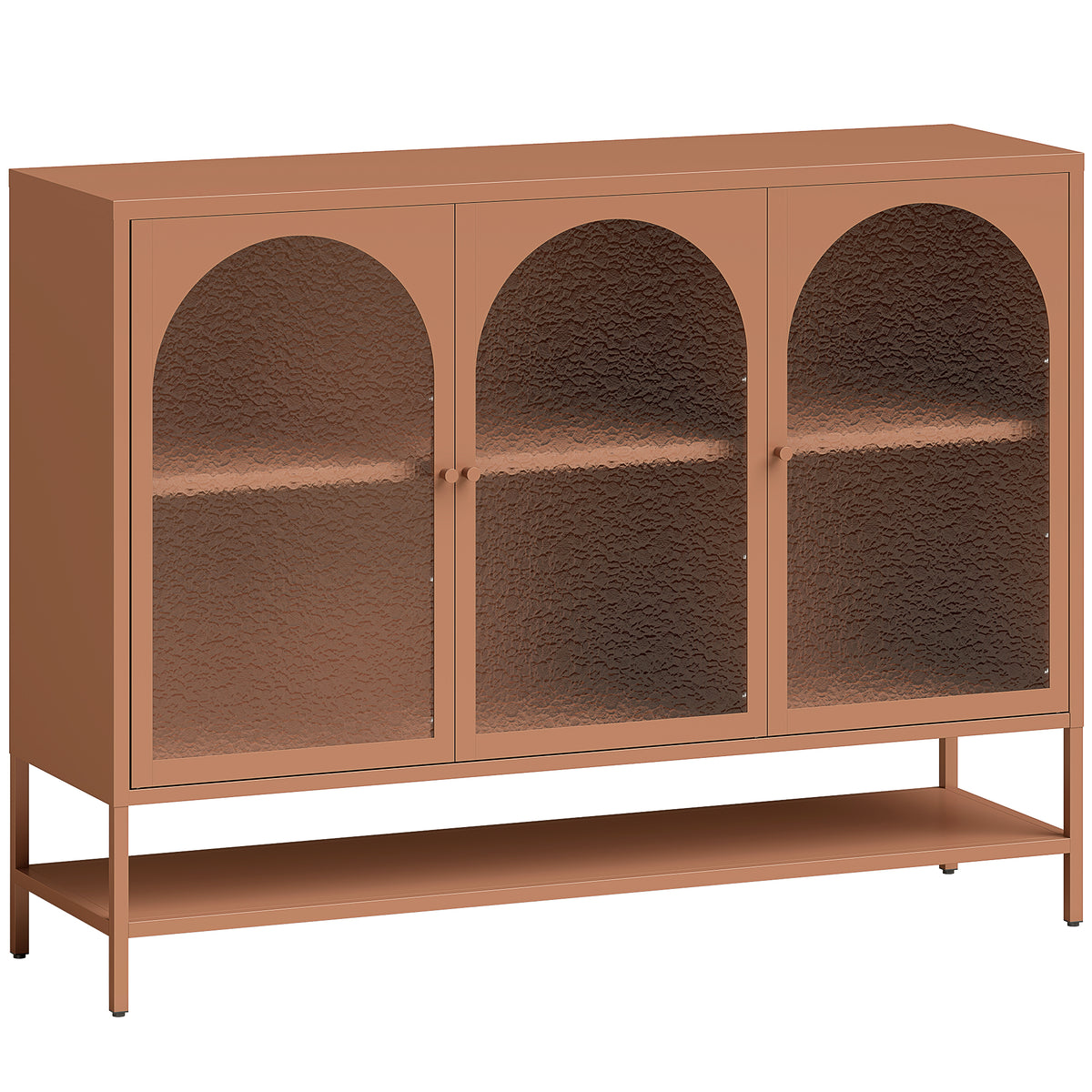 Buffet salon, meuble de rangement avec 3 portes vitrées cintrées et étagère ouverte, 140 x 40 x 105 cm, rouille-0