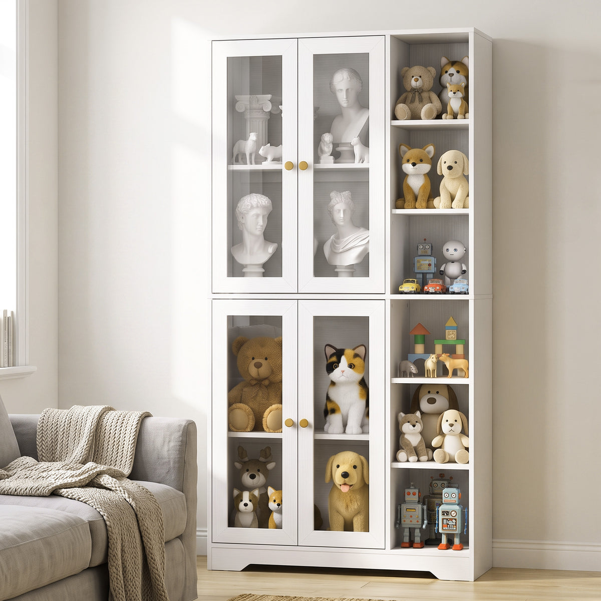 Buffet haut cuisine, vaisselier vitrine avec 4 portes à fermeture douce en verre trempé, 90x35x172cm, blanc-1