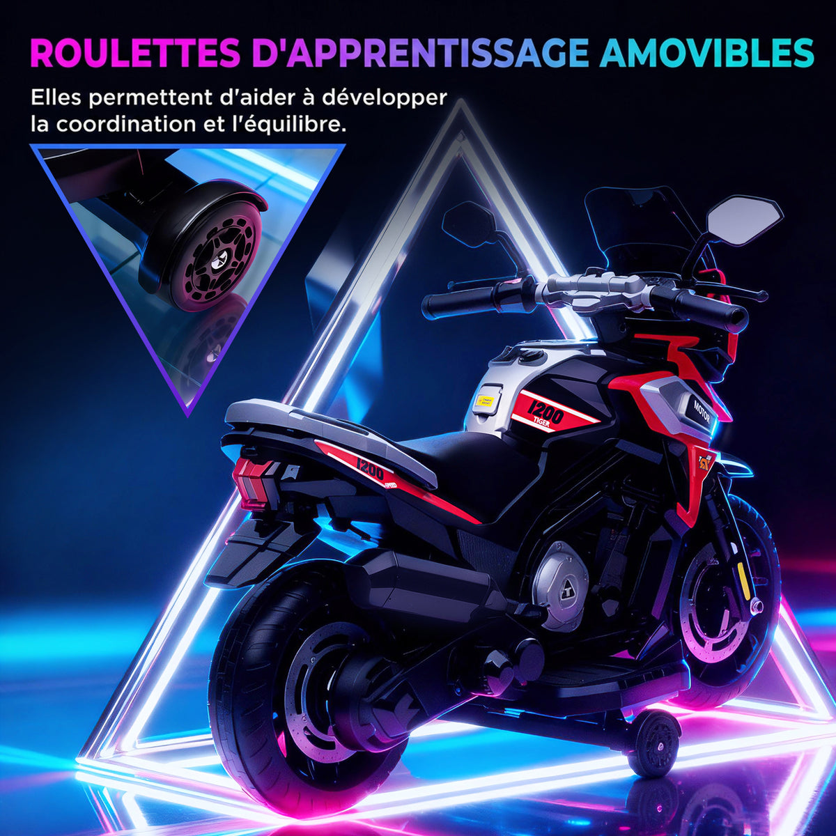 Moto Électrique Enfants 6 V, Voiture Électrique Enfants avec Roues d'Entraînement, Musique, Effets Lumineux, Rouge-4