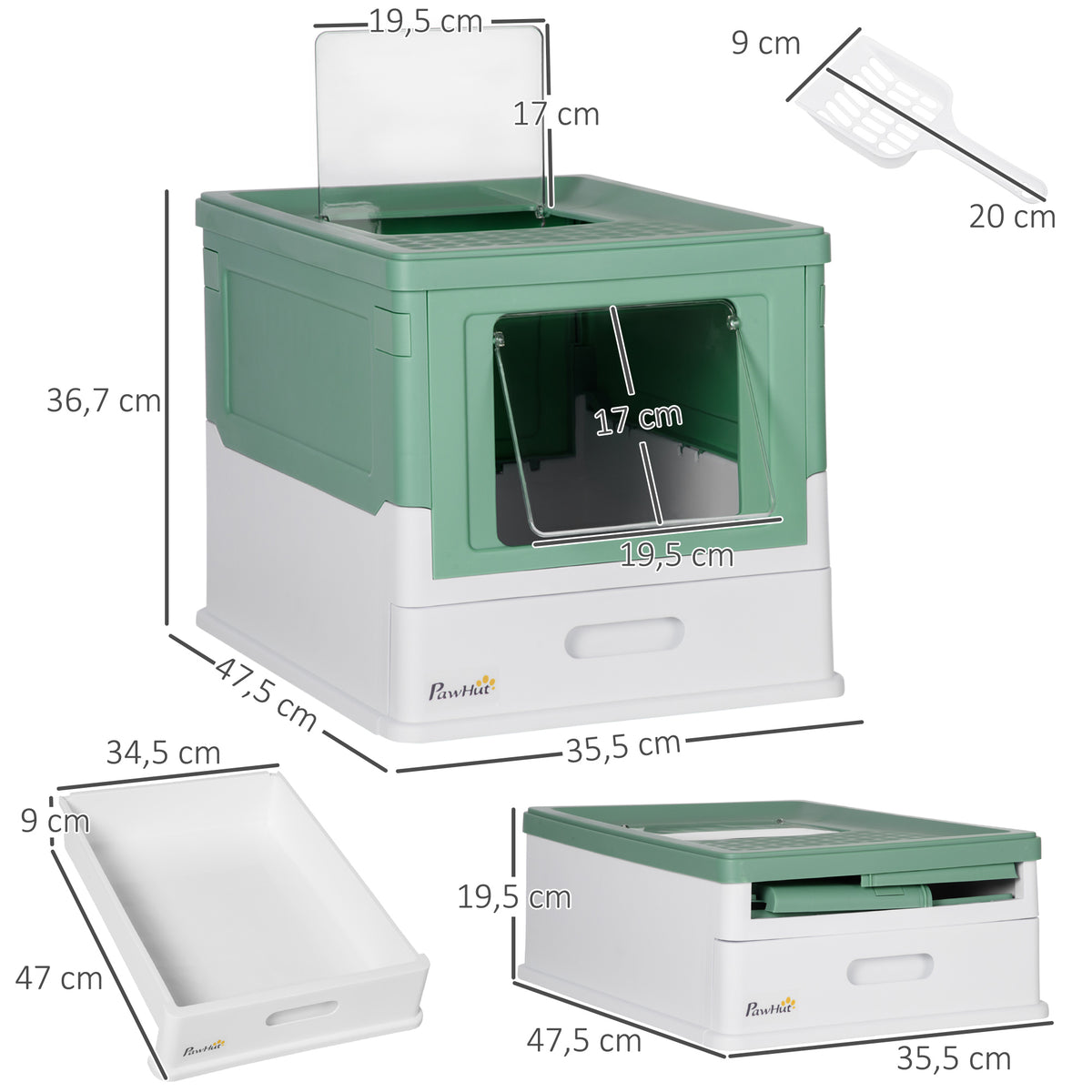 Maison de toilette pour chat pliable double porte battante et supérieure pelle fourni 47,5 x 35,5 x 36,7 cm vert-2
