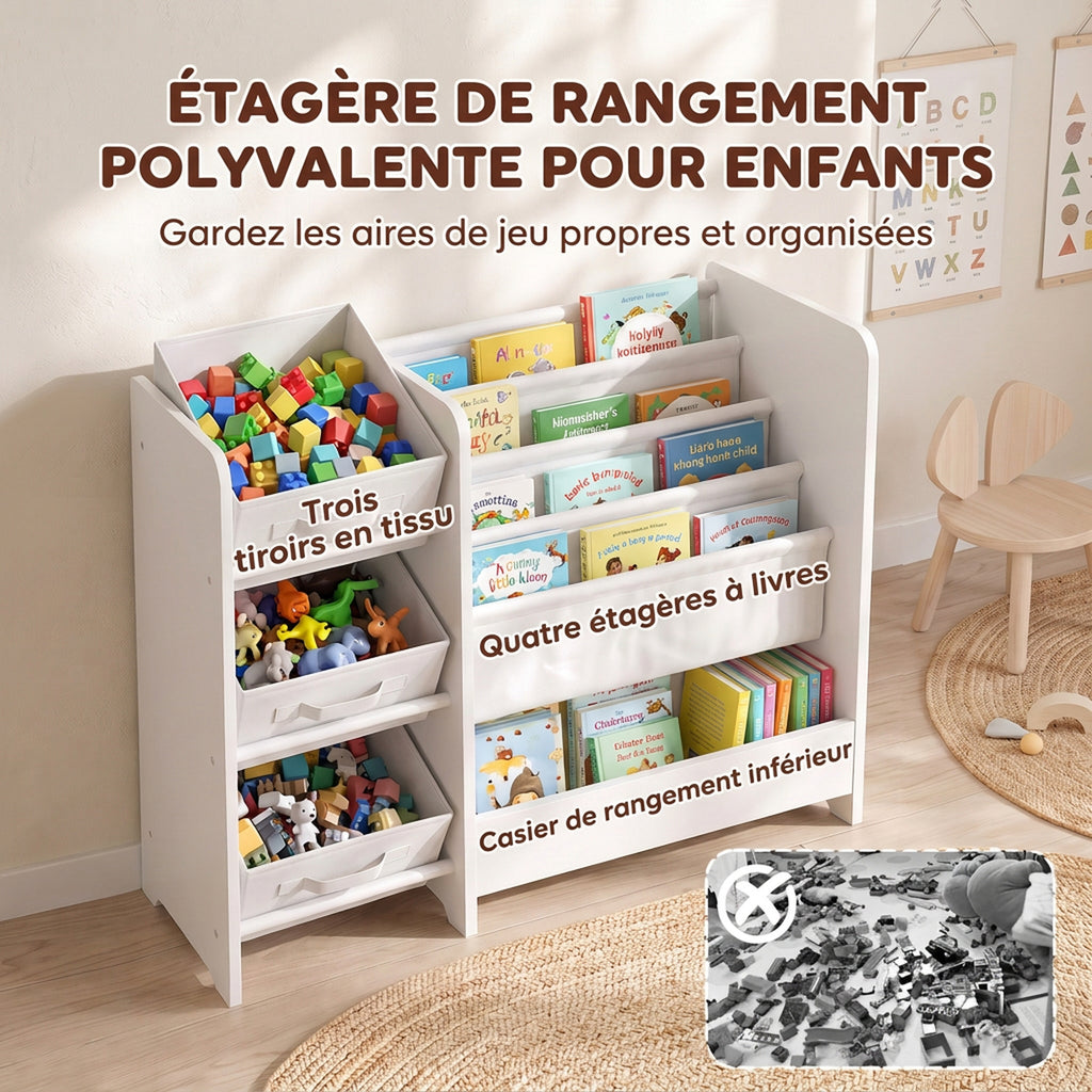 Meuble Rangement Enfant à 3 Niveaux avec 4 Porte-livres, 3 Bacs en Tissu et Compartiment, 64,5 x 30 x 66 cm, Blanc-3