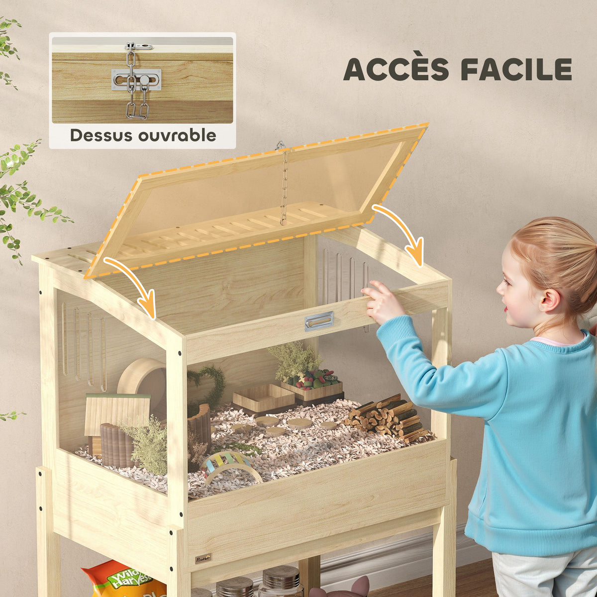 Cage à hamster en bois surélevée avec plateau de rangement couvercle ouvrable 83,2 x 50 x 103 cm effet bois naturel-7