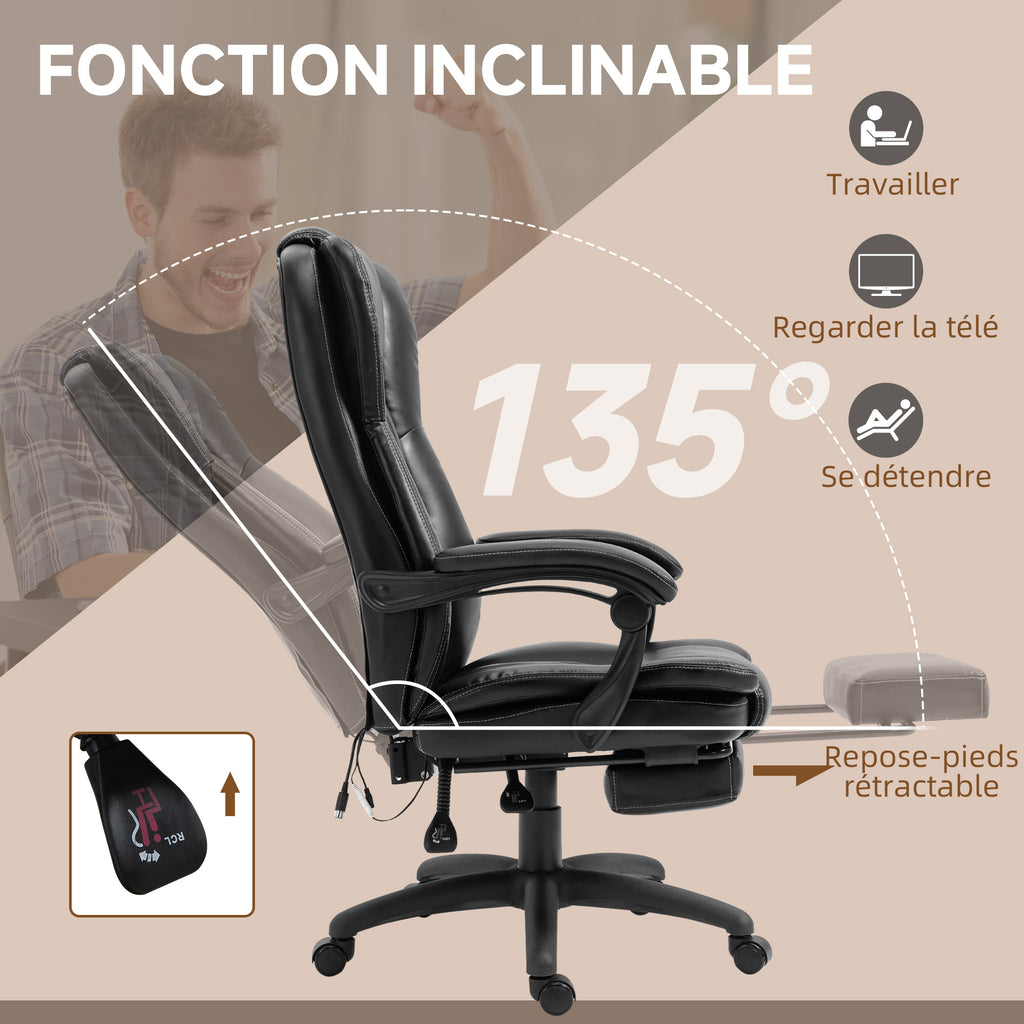 Fauteuil de bureau massant, chaise de bureau avec hauteur réglable, dossier inclinable et télécommande filaire, noir-5