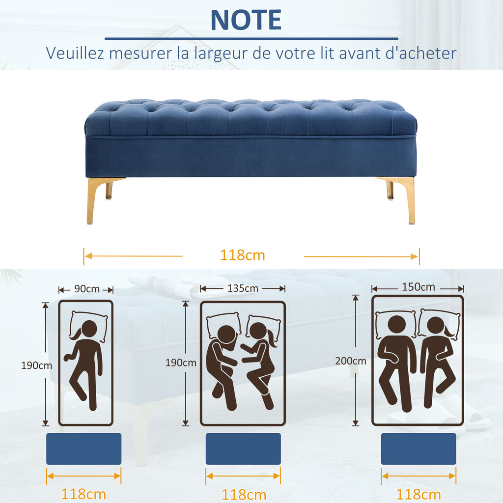 Banc banquette capitonnée bout de lit style classique chic 118L x 45l x 42H cm piètement métal doré velours bleu-5