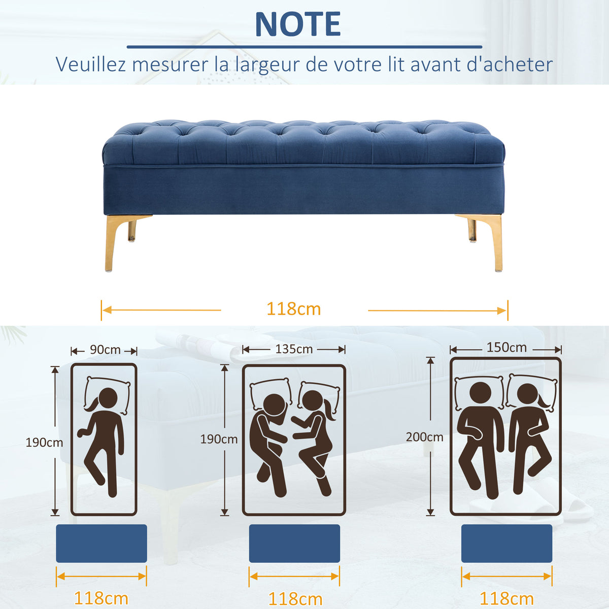 Banc banquette capitonnée bout de lit style classique chic 118L x 45l x 42H cm piètement métal doré velours bleu-5